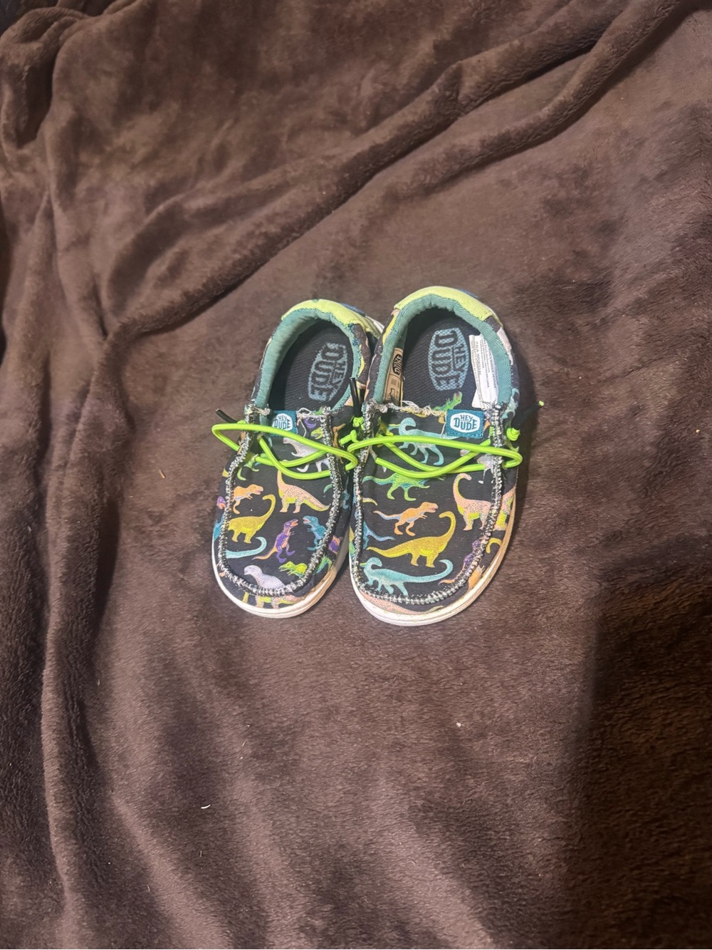 Hey Dude Kids Black Sneakers with Neon Green Laces and Multicolor Dino Print